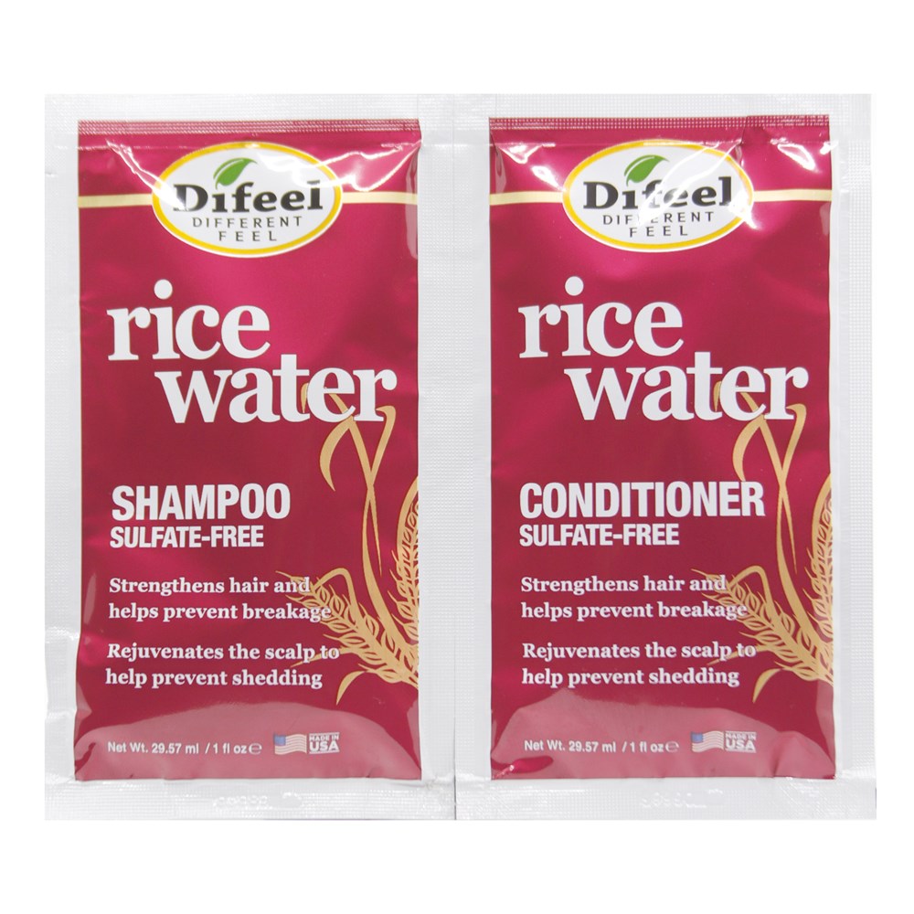 Two packets of Difeel rice water shampoo and conditioner on a white background