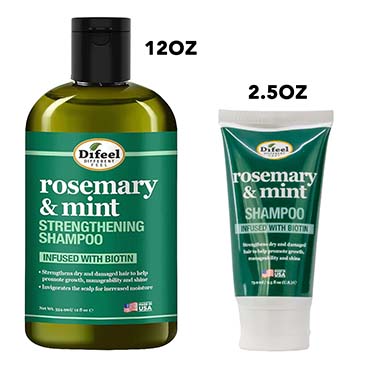 Difeel rosemary & mint strengthening shampoo with 12oz and 2.5oz packaging on a white background