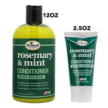 Two bottles of Difeel rosemary & mint conditioner, one 12oz and one 2.5oz, on a white background.