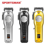 Three hair trimmers in silver, black, and yellow with digital displays on a white background, branded as Sportsman.