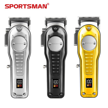 Three hair trimmers in silver, black, and yellow with digital displays on a white background, branded as Sportsman.