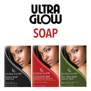 Ultra Glow soap packaging with three different soaps and a model's face on a white background.
