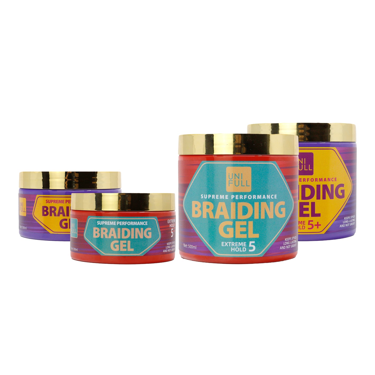 Five jars of 'Supreme Performance Braiding Gel' with colorful labels on a white background.