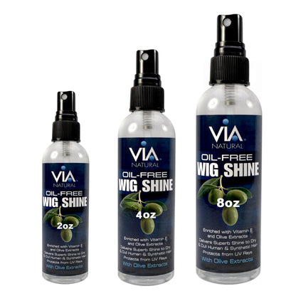 Three bottles of Via Natural Oil-Free Wig Shine on a white background