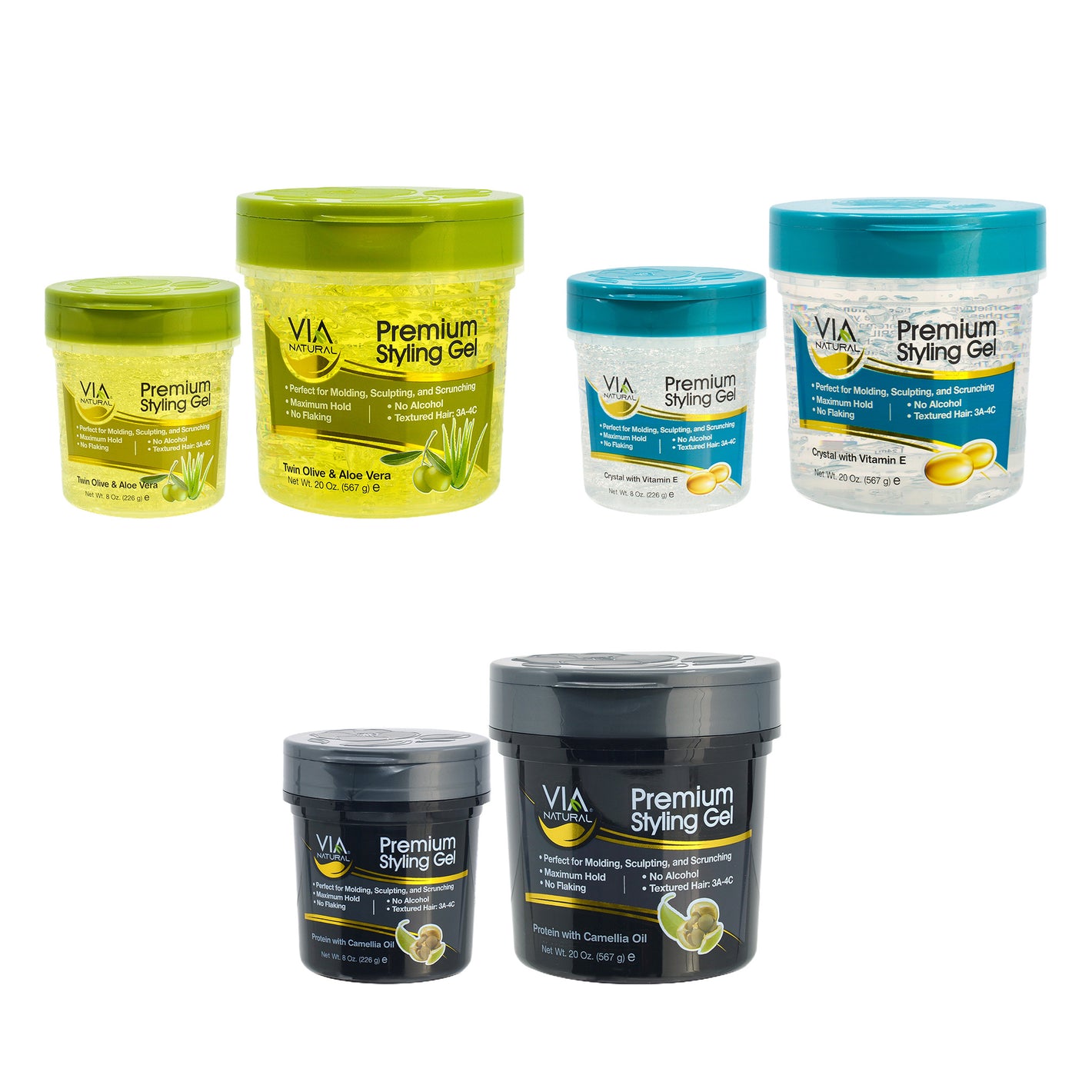 Collection of VIA Premium Styling Gel containers in various colors on a white background