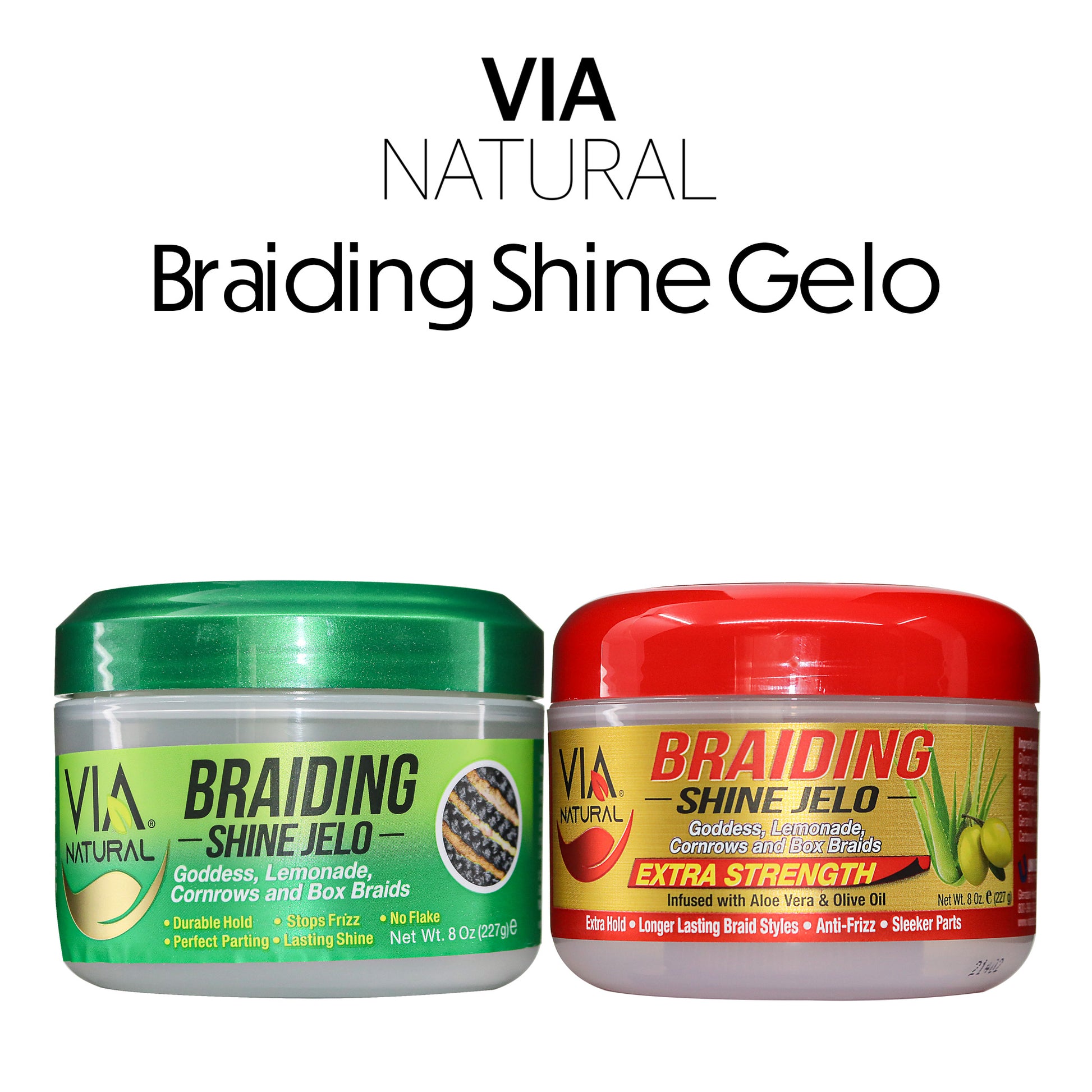 Two jars of VIA Natural Braiding Shine Gelo with green and red lids on a white background.