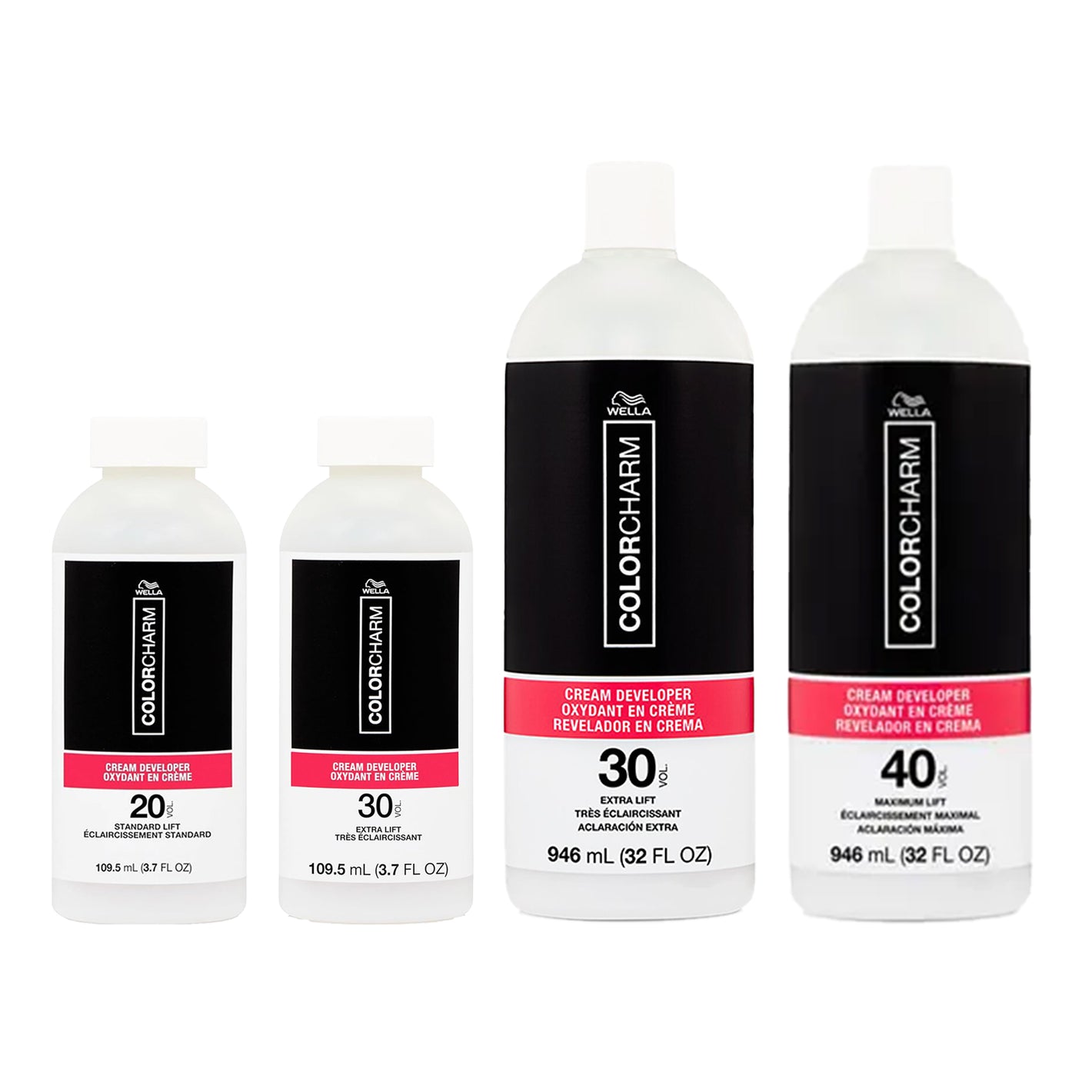 Set of Wella Color Charm hair color bottles on a white background