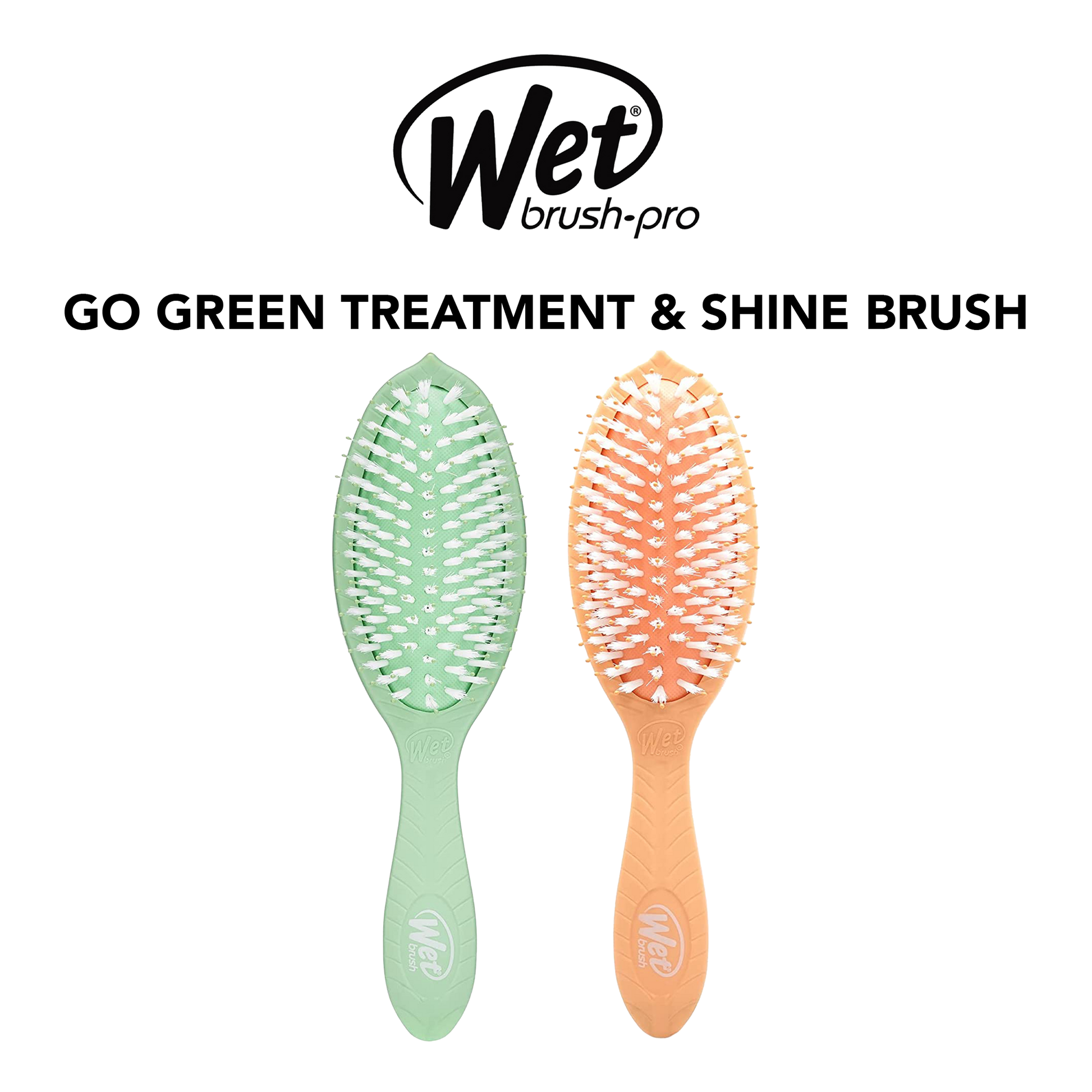 Two hairbrushes, one green and one orange, with 'Wet Brush Pro' branding on a white background.