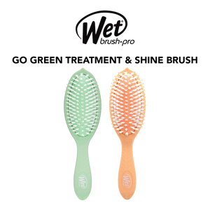 Two hairbrushes, one green and one orange, with 'Wet Brush Pro' branding on a white background.