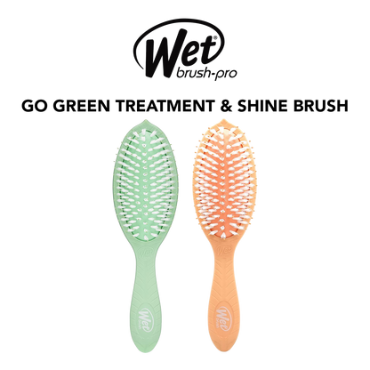 Two hairbrushes, one green and one orange, with 'Wet Brush Pro' branding on a white background.