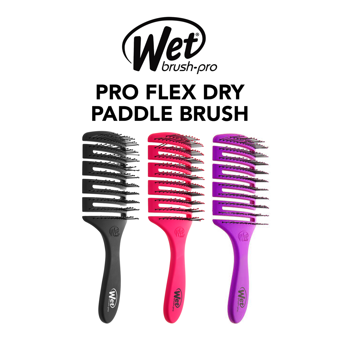 Three paddle brushes with black, pink, and purple handles on a white background, featuring the Wet Brush Pro logo.