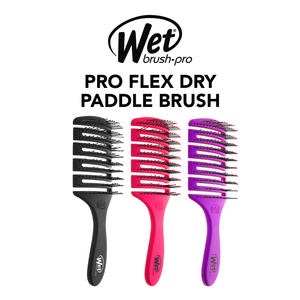 Three paddle brushes with black, pink, and purple handles on a white background, featuring the Wet Brush Pro logo.
