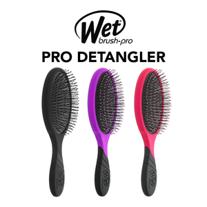 Three Wet Brush Pro Detangler brushes in black, purple, and pink on a white background.
