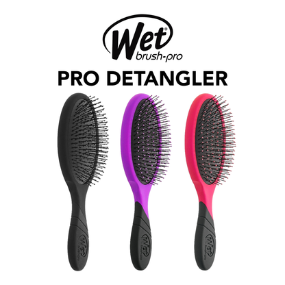 Three Wet Brush Pro Detangler brushes in black, purple, and pink on a white background.