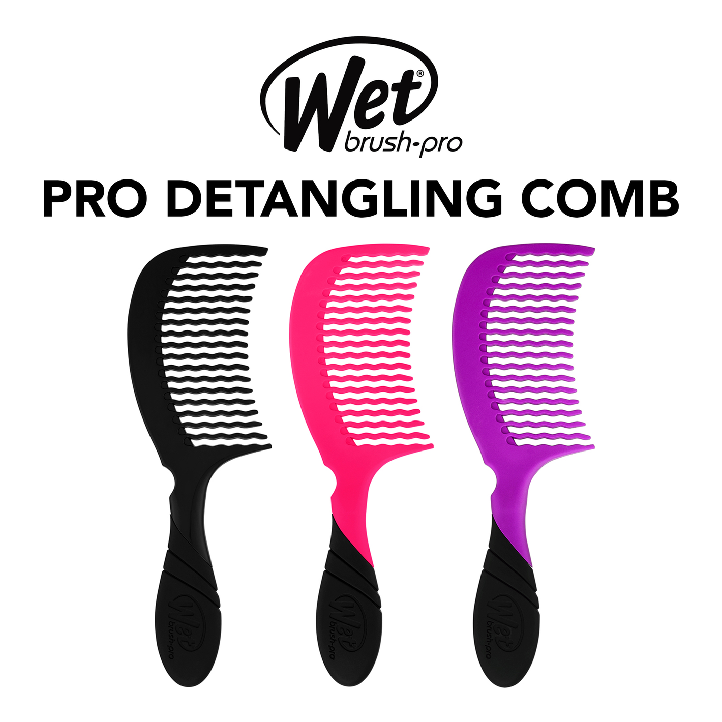 Three Wet Brush Pro detangling combs in black, pink, and purple on a white background.