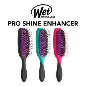 Three hairbrushes with black handles and colorful bristle heads on a white background, featuring the Wet Brush Pro logo.