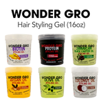 Collection of Wonder Gro hair styling gel containers with labels on a white background