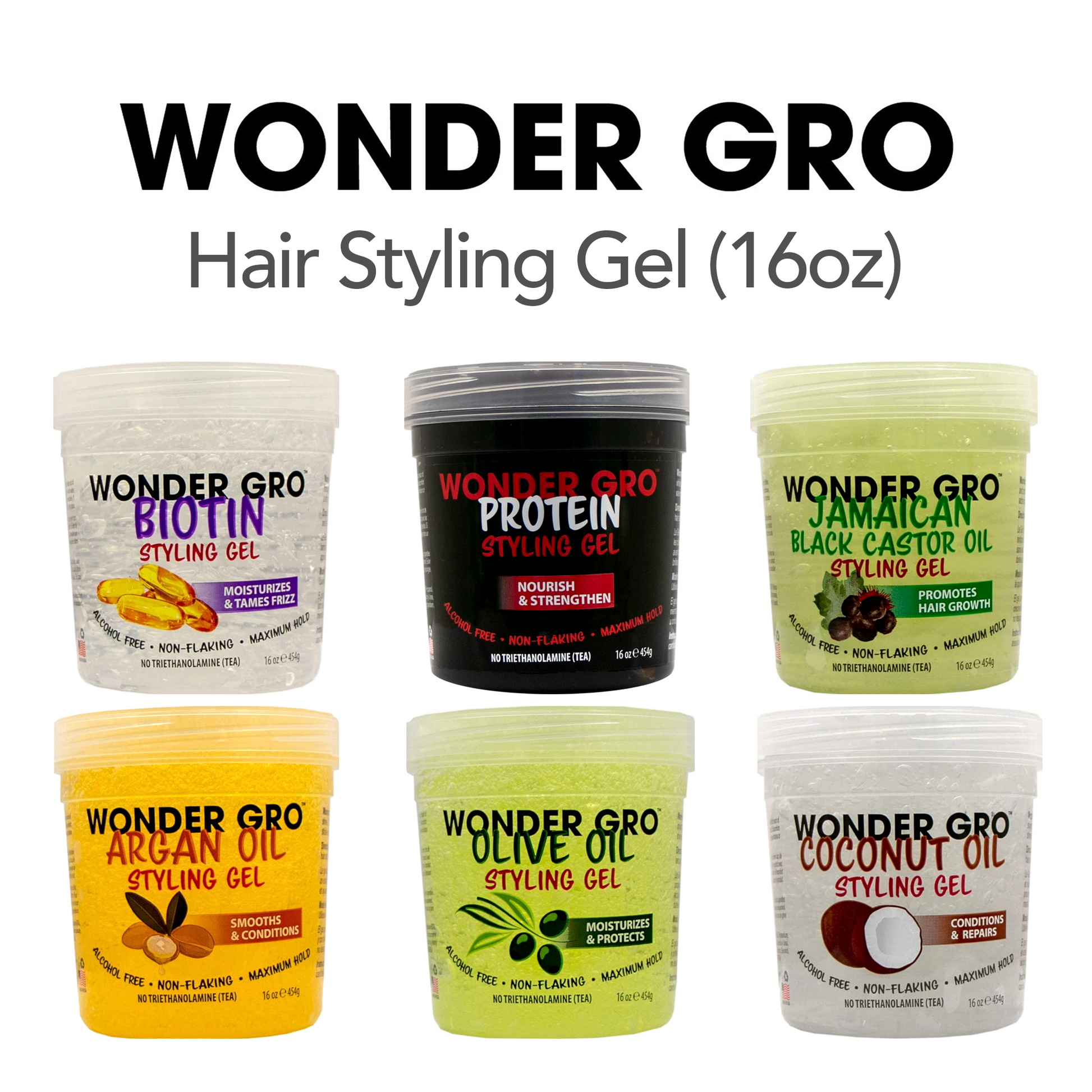 Collection of Wonder Gro hair styling gel containers with labels on a white background