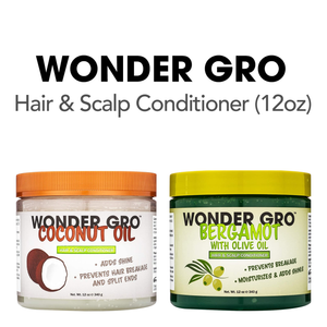 Two Wonder Gro hair and scalp conditioner jars, one coconut oil and one bergamot with olive oil, on a white background.