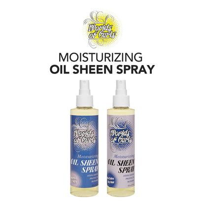Two bottles of 'Worlds of Curls' moisturizing oil sheen spray on a white background.