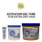 Worlds of Curls hair activator gel tubes on a white background