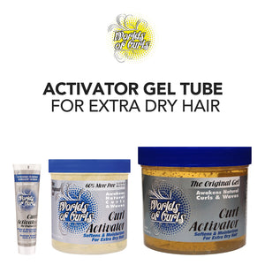 Worlds of Curls hair activator gel tubes on a white background