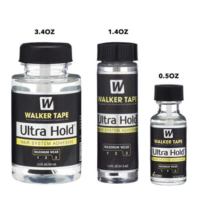 Three bottles of Walker Tape Ultra Hold hair system adhesive with different sizes on a white background.