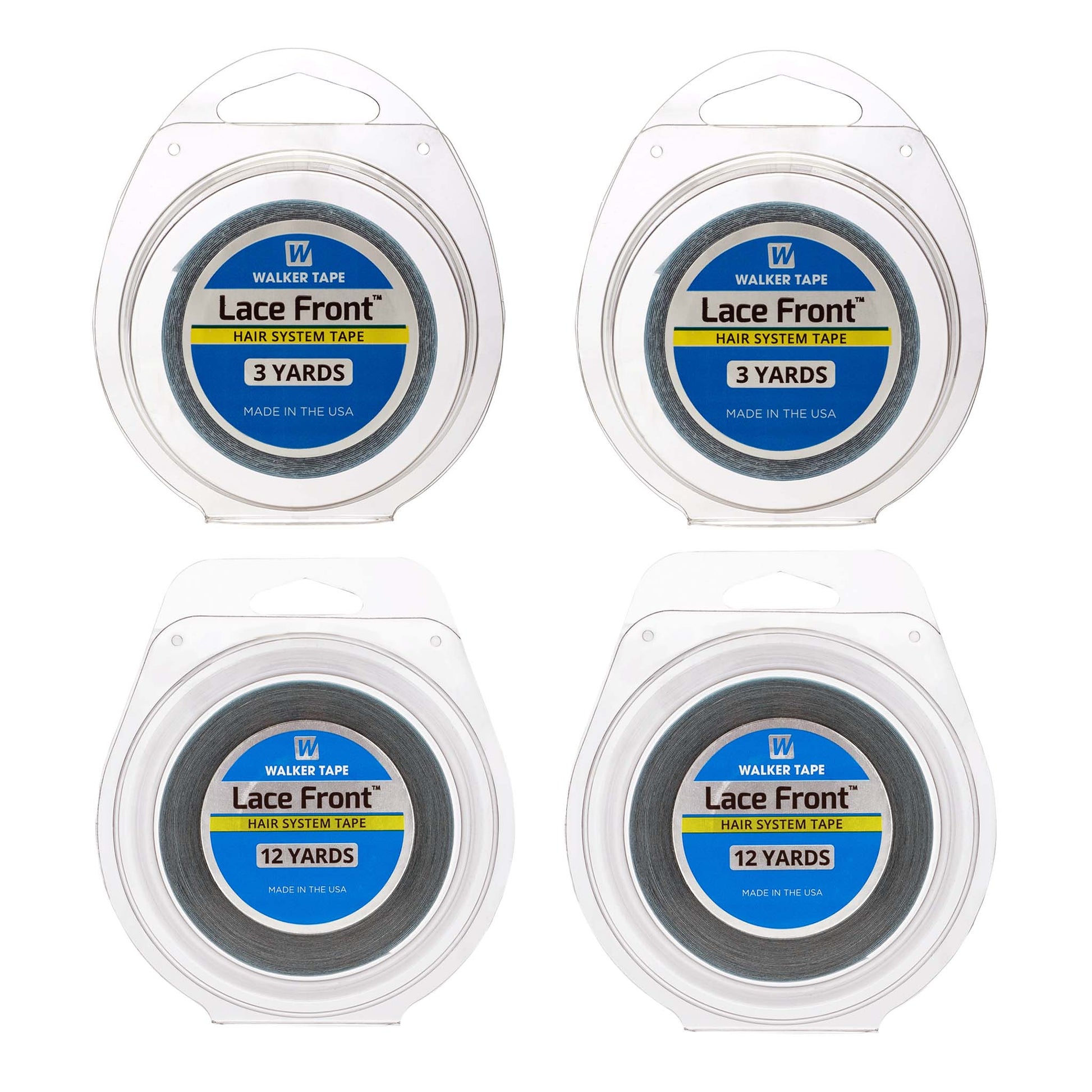 Four packages of Lace Front hair system tape with labels on a white background
