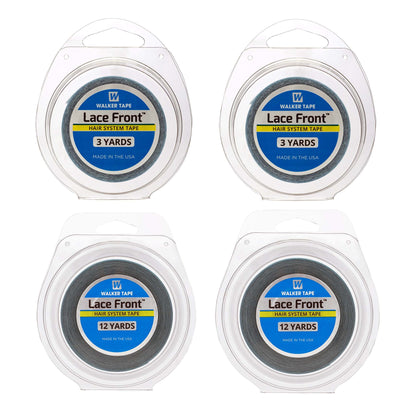 Four packages of Lace Front hair system tape with labels on a white background