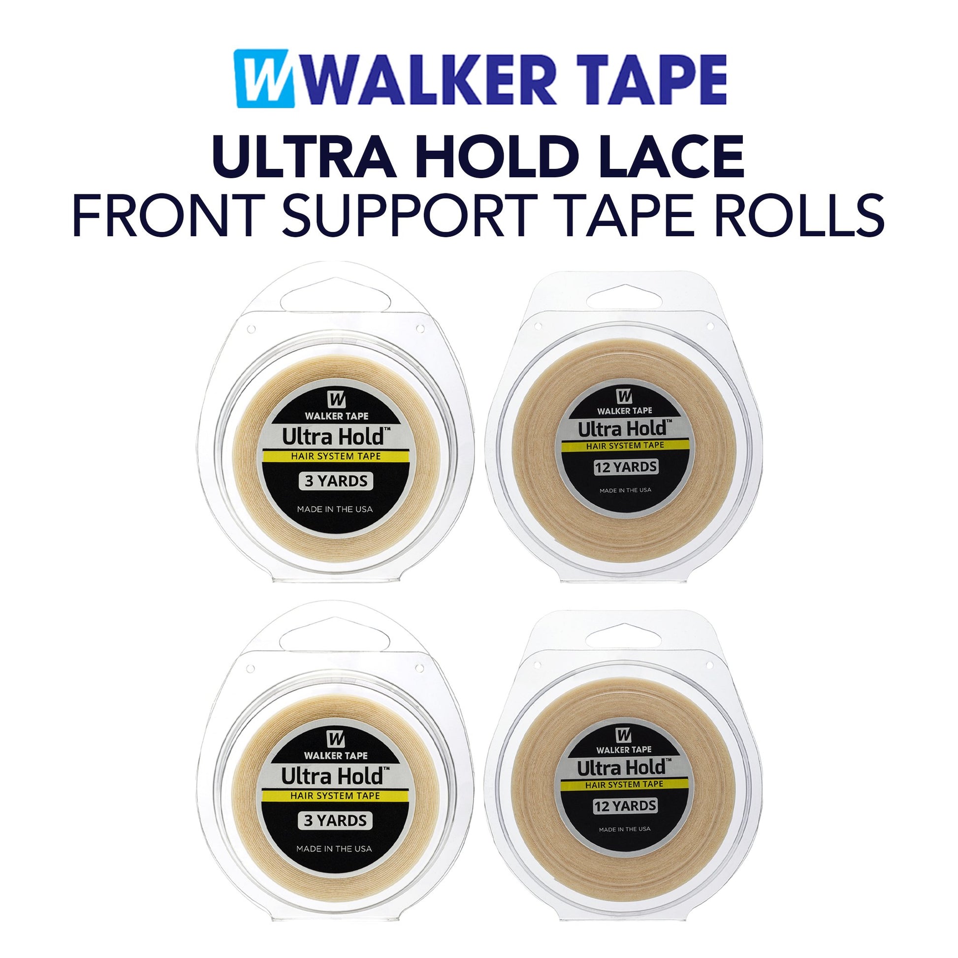 Four rolls of Walker Tape Ultra Hold Lace Front Support Tape on a white background with brand name displayed.