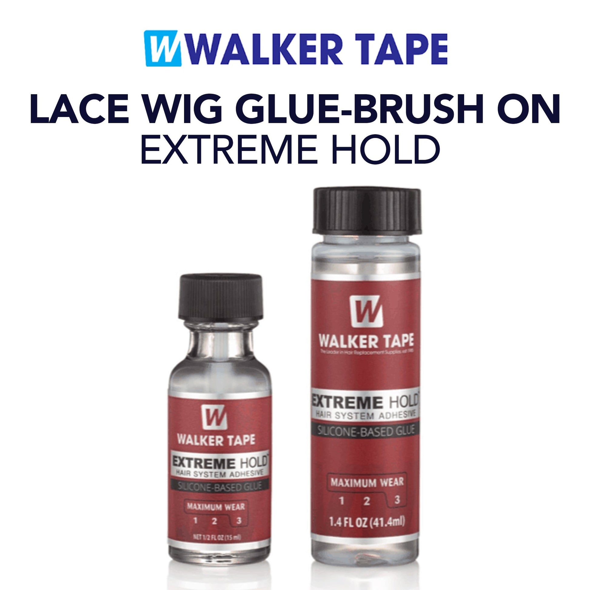 Two bottles of Walker Tape Extreme Hold lace wig glue on a white background with Walker Tape branding.