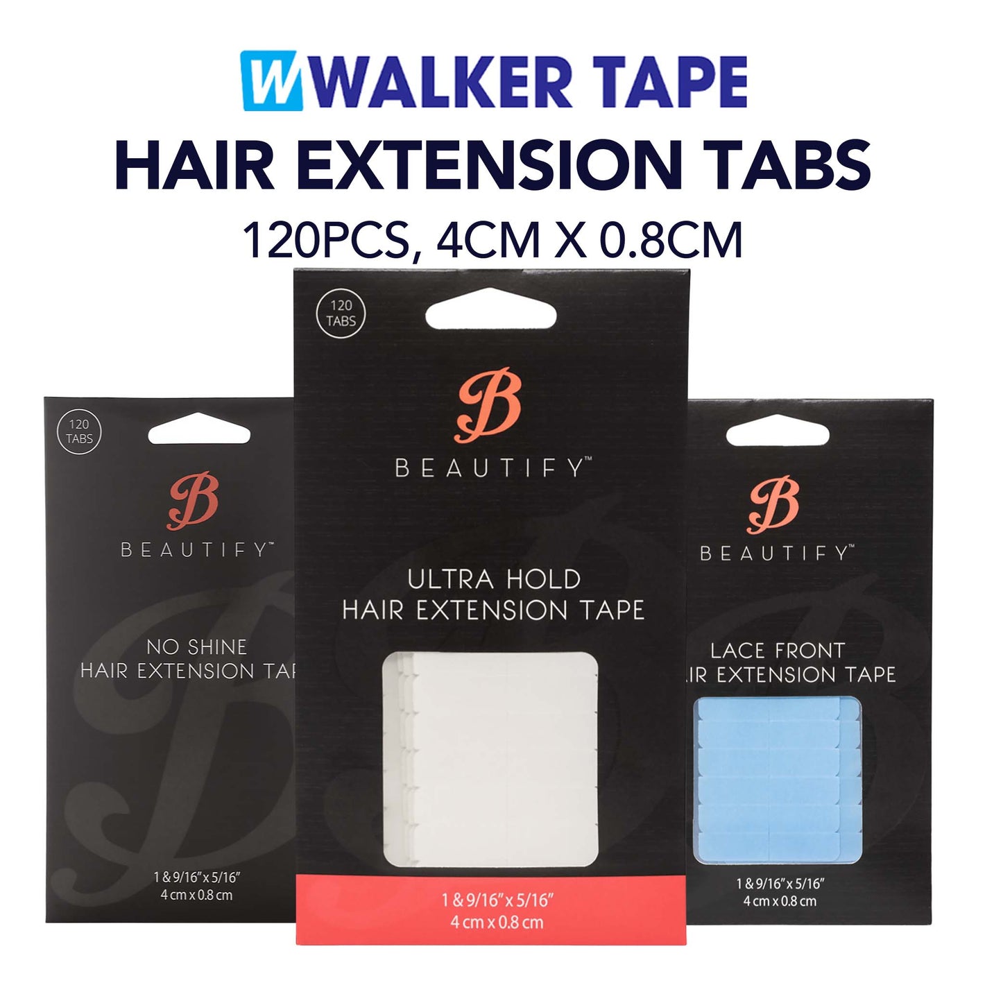 Packaging of Walker Tape hair extension tabs with Beautify branding on a white background