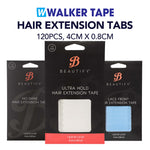 Packaging of Walker Tape hair extension tabs with Beautify branding on a white background