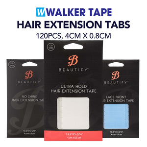 Packaging of Walker Tape hair extension tabs with Beautify branding on a white background