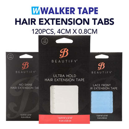 Packaging of Walker Tape hair extension tabs with Beautify branding on a white background