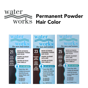 Three boxes of water works permanent powder hair color on a white background