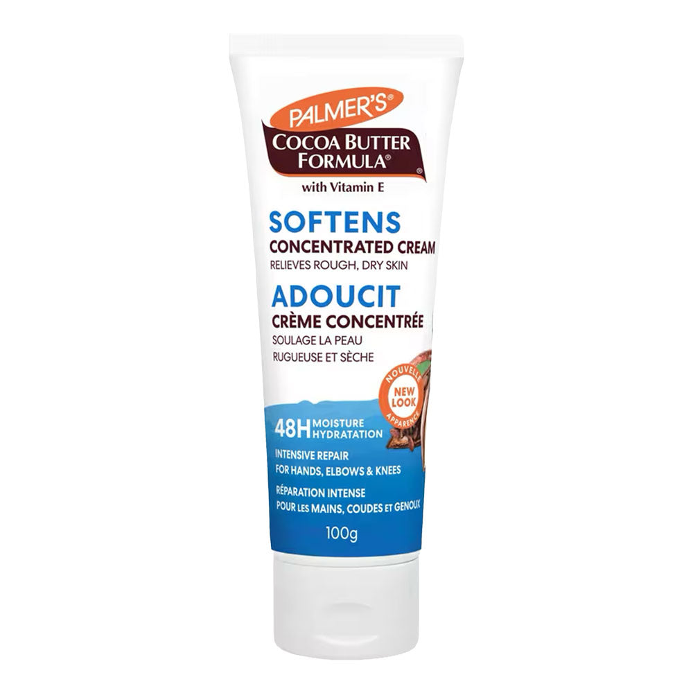 A 100g squeeze tube of Palmer's Cocoa Butter Formula Softens Concentrated Cream with Vitamin E, featuring a white tube with blue and brown text and graphics, set against a plain white background.