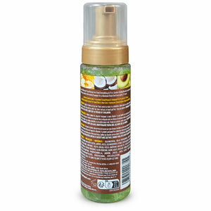 A bottle of Coconut & Avocado Hair Smoothing & Shine Foam on a plain white background, showing the back of the bottle with its label, barcode, and pump dispenser.