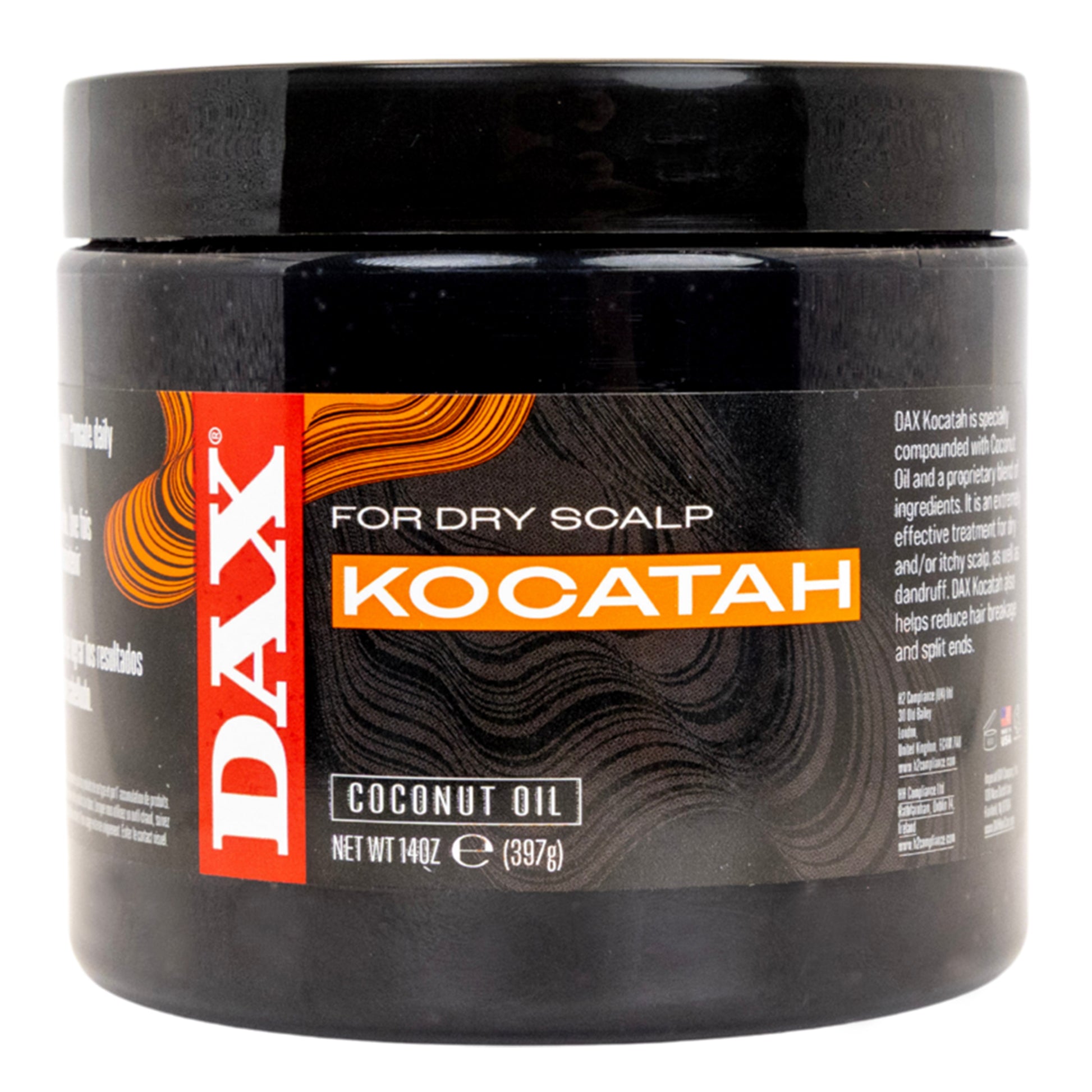 Black jar of DAX Kocatah for dry scalp with label on a white background