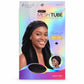 Kime & C Soft Mesh Tube hair stretching cap packaging in black, featuring a smiling model wearing the black cap and an oval cutout showing the unexpanded cap.