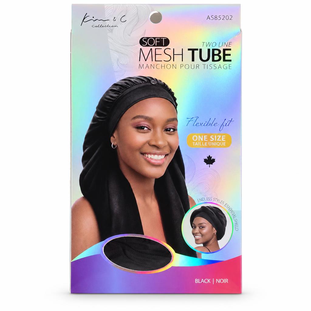 Kime & C Soft Mesh Tube hair stretching cap packaging in black, featuring a smiling model wearing the black cap and an oval cutout showing the unexpanded cap.