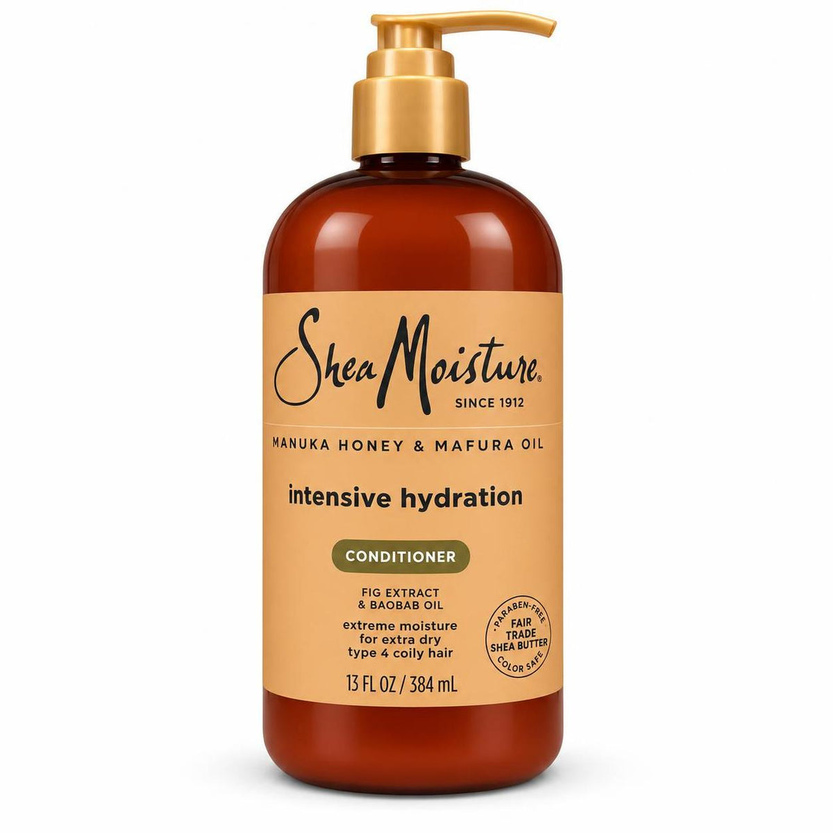 A 13 fl oz amber bottle of Shea Moisture Intensive Hydration Conditioner with a gold pump dispenser, set against a plain white background.