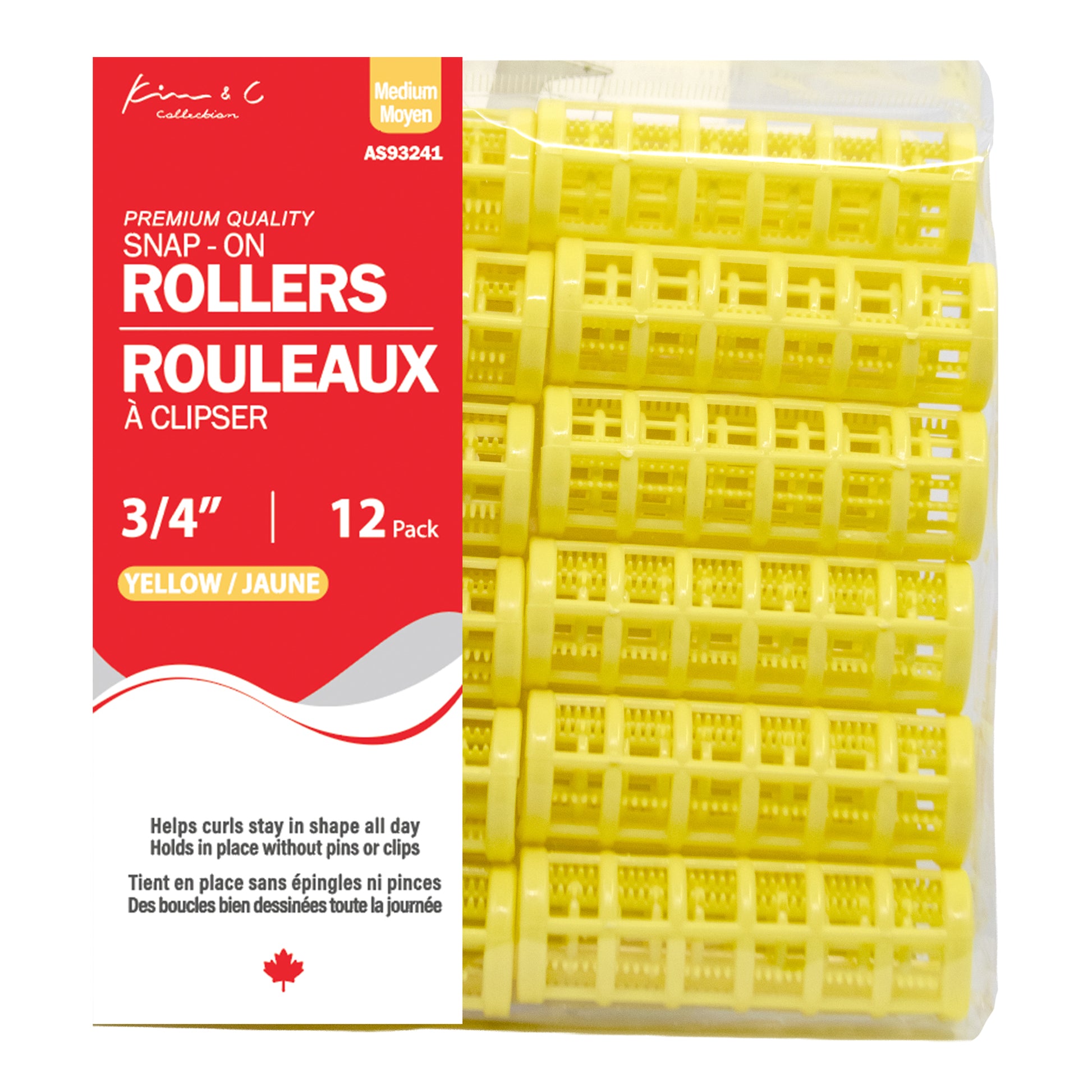 Pack of yellow snap-on rollers with red packaging on a white background