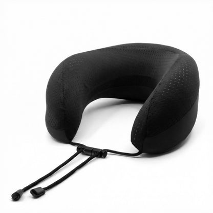 Black neck pillow with a strap on a white background