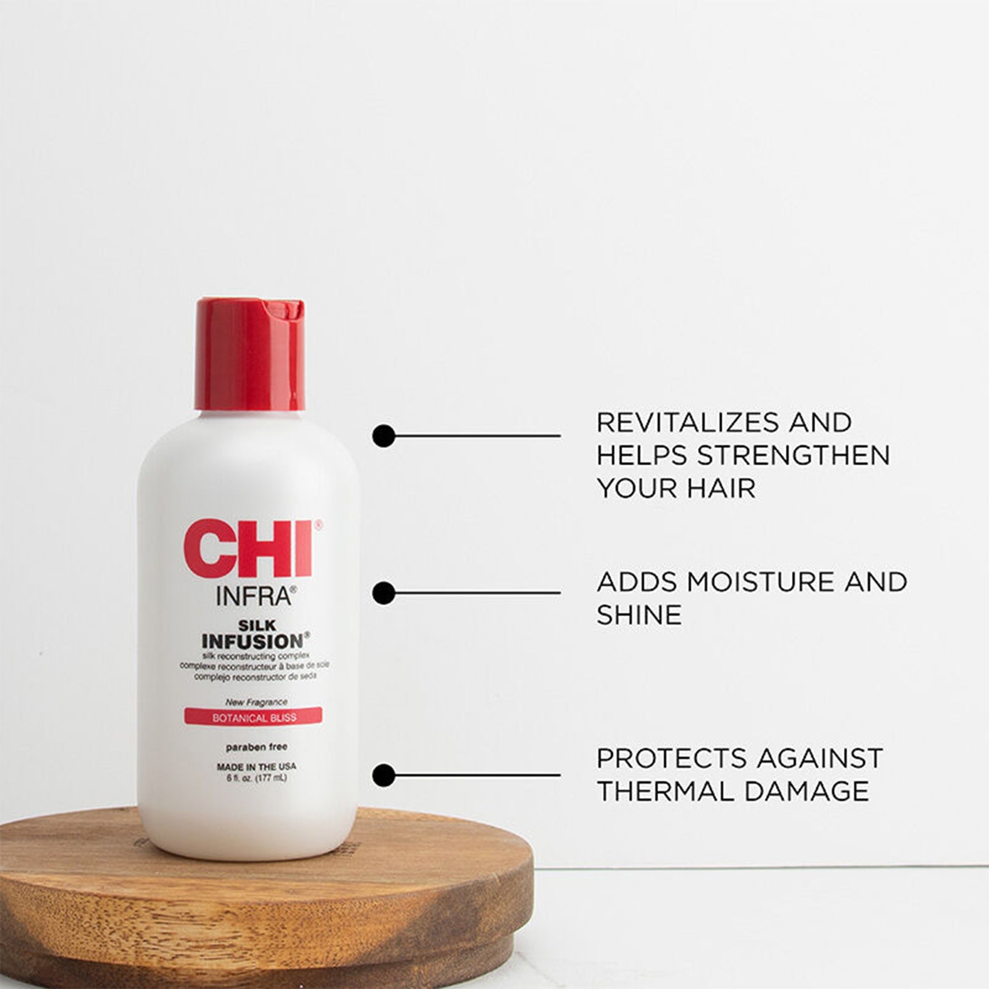 CHI Infra hair care product bottle with features listed on a white background