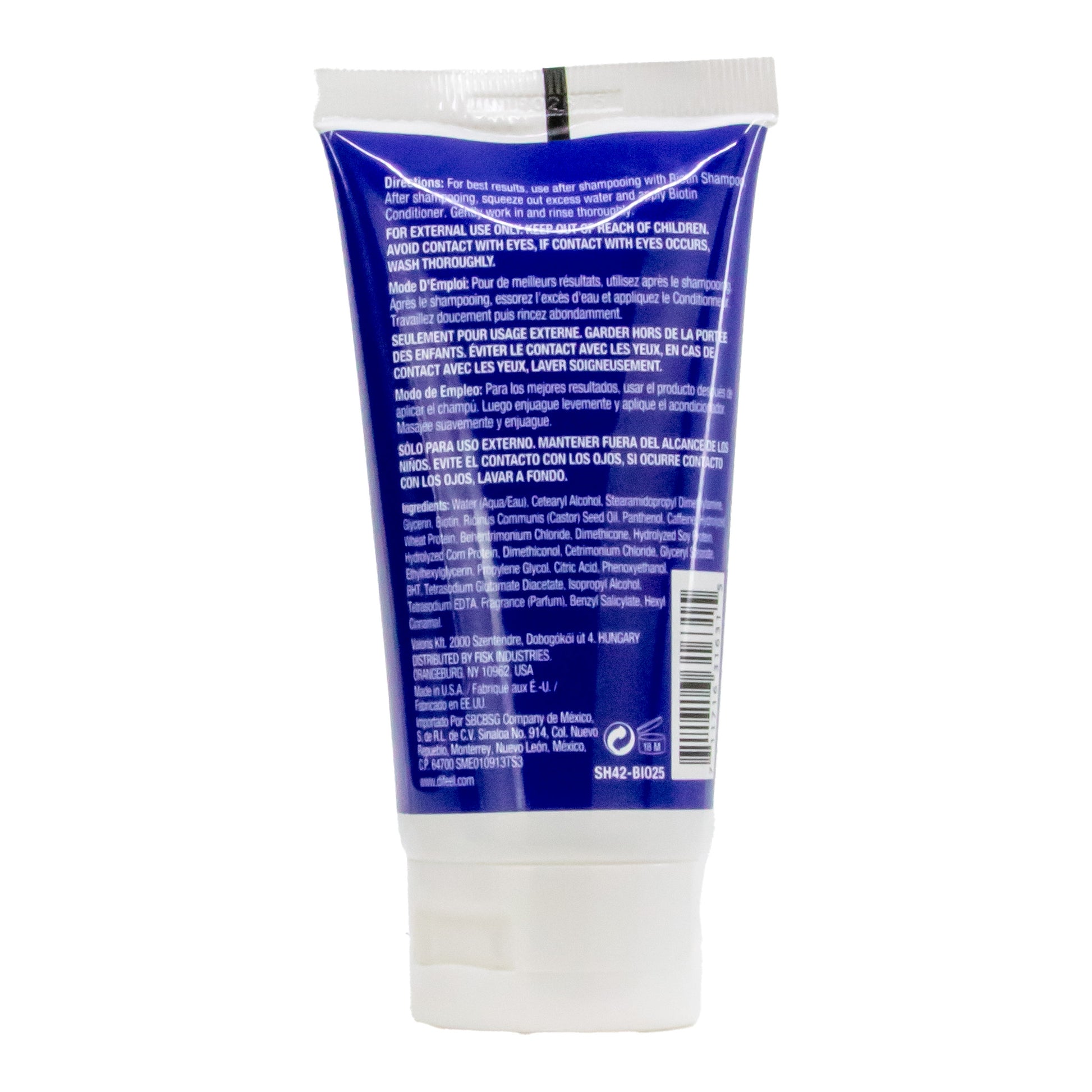 Back view of a blue and white tube with text on a white background