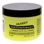 A jar of Palmer's Hair Food Formula hair conditioner with a black lid and a bright yellow-green label, shown on a white background.