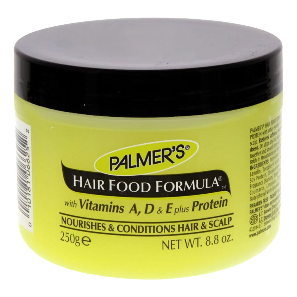 A jar of Palmer's Hair Food Formula hair conditioner with a black lid and a bright yellow-green label, shown on a white background.