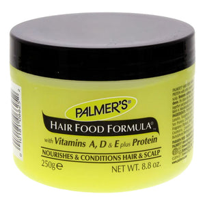 A jar of Palmer's Hair Food Formula hair conditioner with a black lid and a bright yellow-green label, shown on a white background.