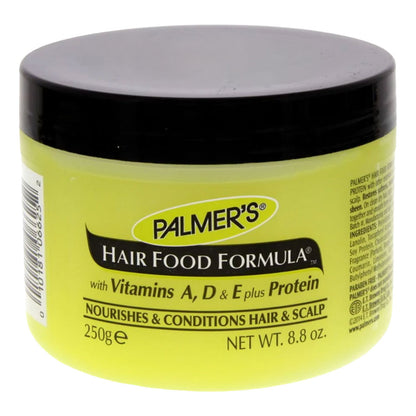 A jar of Palmer's Hair Food Formula hair conditioner with a black lid and a bright yellow-green label, shown on a white background.